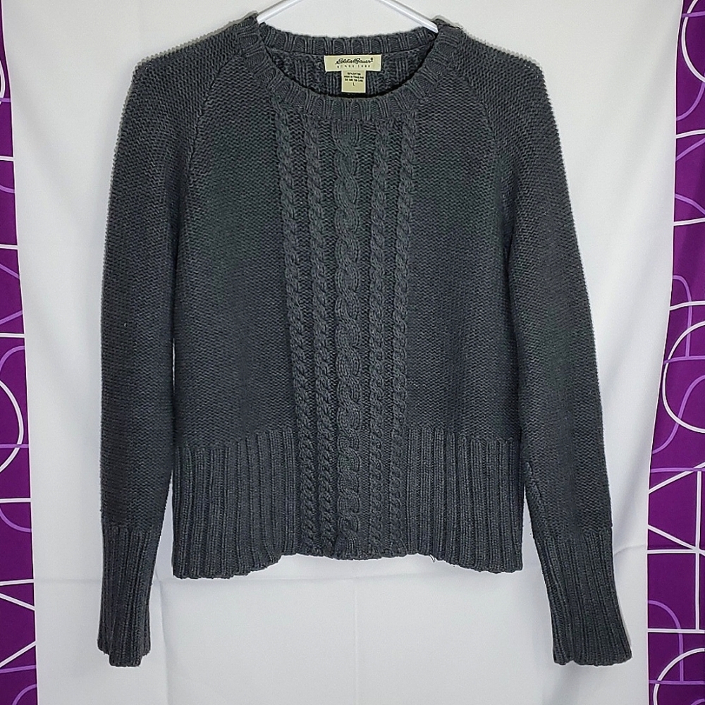 Vintage Eddie Bauer 100% Cotton Grey Heavy/Chunky Knit Long Sleeve Sweater-Large